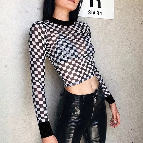 Checkered shirt mesh black and white crop top womens - Picture 3 of 3